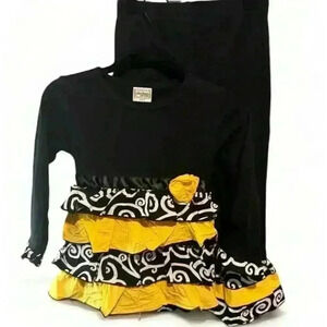 Ann Loren Girls Ruffle Yellow/Blk/White Swirl shirt/pants set- Size 6